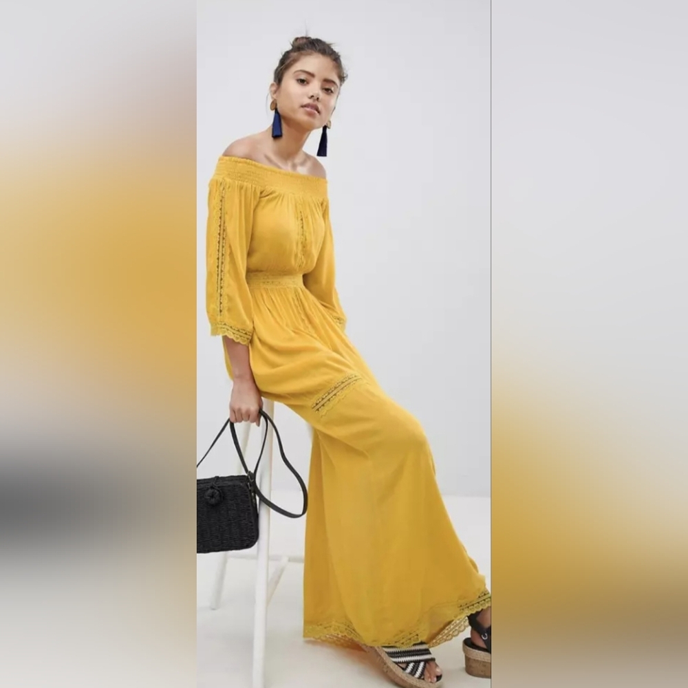 Boohoo Mustard Boho Bohemian Lightweight Yellow Off-Shoulder Maxi Dress